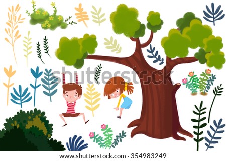 Clip Art Set: Plants and Kids. Realistic Fantastic Cartoon Style Artwork Scene, Wallpaper, Story Background, Card Design
