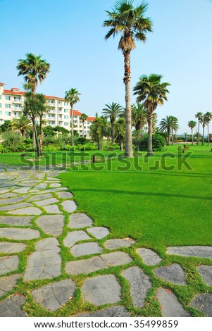 Stoned pathway leading to tropical resort hotels with towering coconut trees