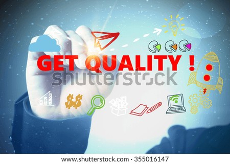 business hand writing GET QUALITY with social media icon