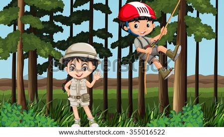 Boy and girl having fun in the forest illustration