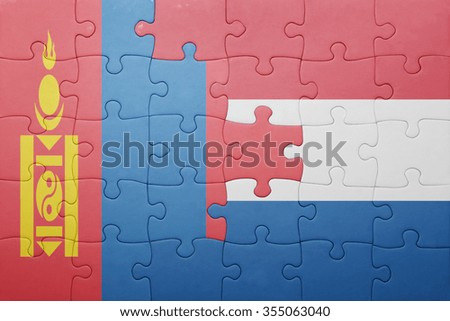 puzzle with the national flag of netherlands and mongolia . concept