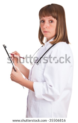 Doctor writes in a notebook isolated on a white background