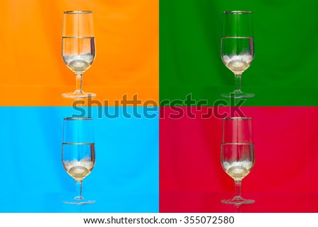 Triptych glass of champagne on orange, green, blue and red background. With the reflection of the glass legs at the bottom of the picture