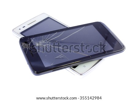 black & white smartphone with a broken screen on white background