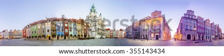Morning view of Poznan Old Market Square in western Poland. Panoramic montage from 5 HDR images Royalty-Free Stock Photo #355143434