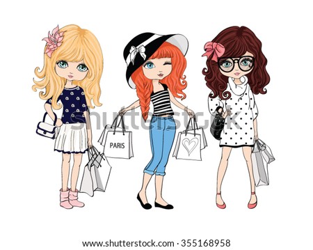 shopping girl vector design.T-shirt print.Three friends cartoon characters.