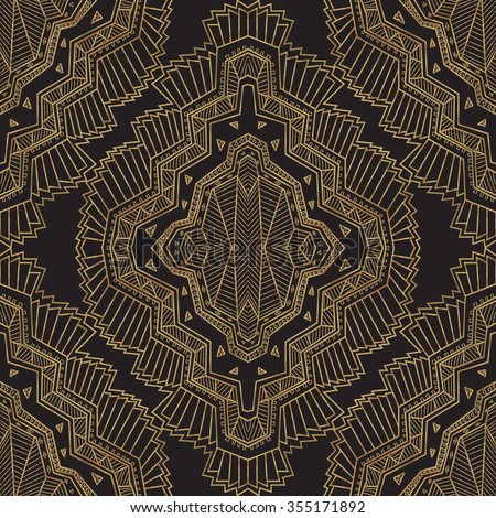 Geometrical abstract vector seamless art deco pattern from gold and black hand drawn rhombus, Eskimo ethnic ornaments, lacy zig-zag stripes. Textile fantasy print. Wrapping paper. Batik painting Royalty-Free Stock Photo #355171892