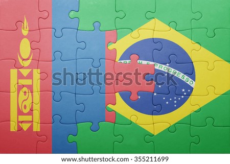 puzzle with the national flag of mongolia and brazil . concept