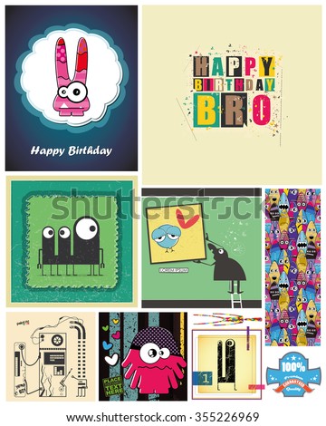Set of funny monsters. Gift cards,  invitation, cartoon illustration