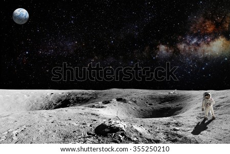 Astronaut on lunar (moon) landing mission. Elements of this image furnished by NASA. Royalty-Free Stock Photo #355250210