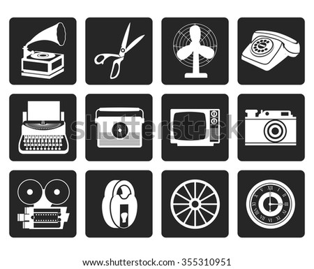 Black Retro business and office object icons - vector icon set