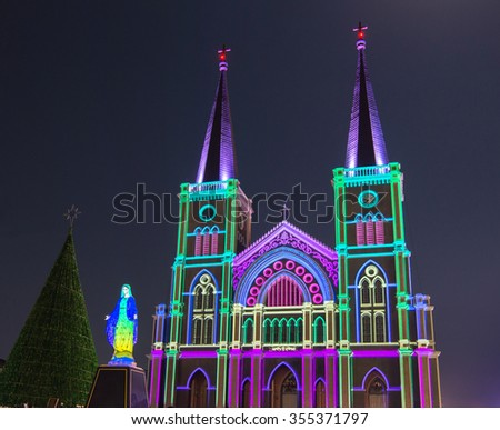 3D Projection Mapping  on church at The Cathedral of Immaculate Conception Chanthaburi Thailand.