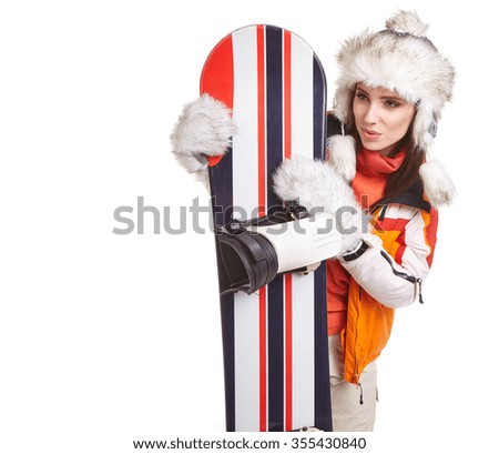 Girl with snowboard in studio on isolated background.