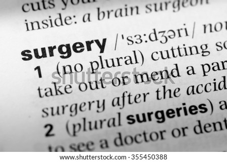 Close up of English dictionary page with word surgery