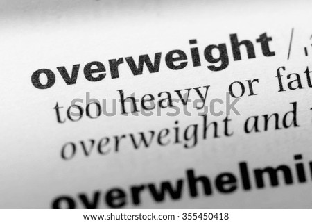Close up of English dictionary page with word overweight