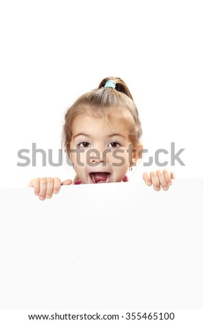 cute baby with white blank banner isolated. open mouth