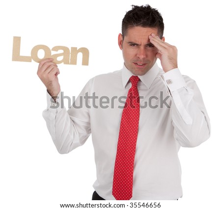 The stressed businessman has been refused credit holding up a loan sign