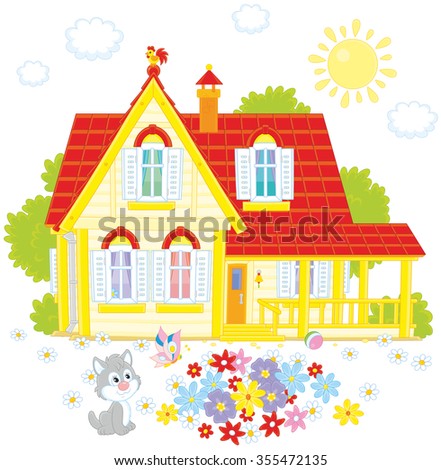 Vector illustration of a country house, a colorful flowerbed and a small grey kitten playing with a butterfly