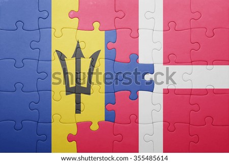 puzzle with the national flag of barbados and denmark . concept