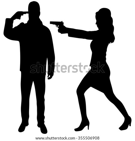 Girl pointing gun on man, tell him to… Stock Photo 201468272 - Avopix.com