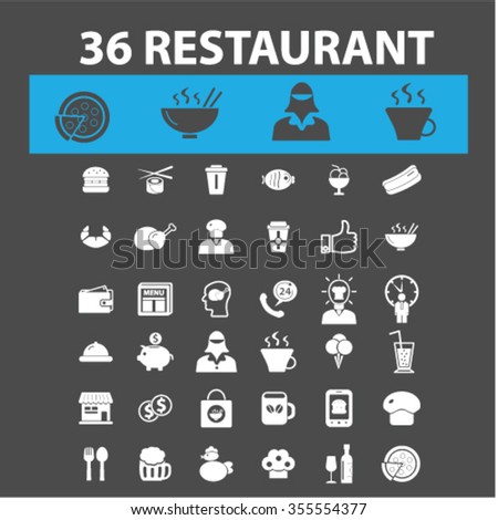 Restaurant concept icons: hotel services, menu, dining, pizza, bill, beer, cafe, fast food, cafeteria, beverage, hot dog, bbq, cooking, pub. Vector illustration
