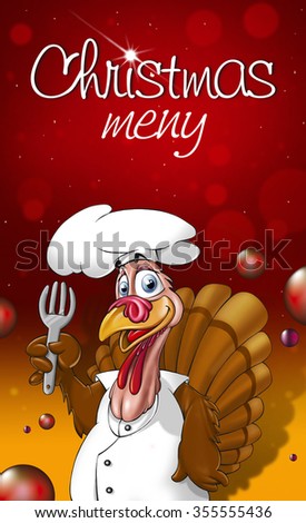 Christmas meny with the turkey as a chef and festive glittering background