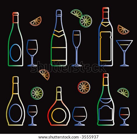 Neon bottles and glasses (vector)