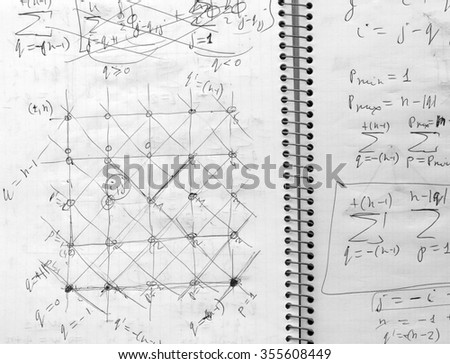 Fragment of open notebook with records of student who studies  branch of physics quantum mechanics. Scheme and formulas describe  interaction of atoms. Image can be used as background.