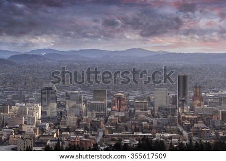 Portland Oregon Downtown Skyline Cityscape on a Cloudy Day Closeup