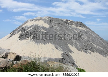 Sand dune, picture containing black titanium  sand and smooth ocean water 