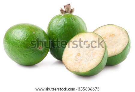 Tropical fruit feijoa (Acca sellowiana) isolated on white background.