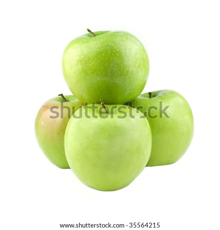 A stack of green tart apples, isolated on white background, square crop with copy space