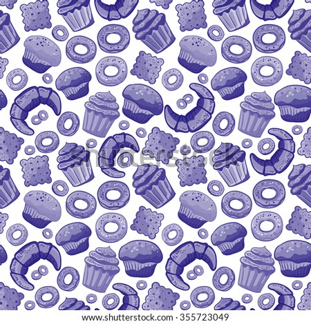 Cute seamless pattern with sweets and desserts: cupcake, ice cream, teapot. Doodle style vector. Baked goods, restaurant menu and tea party background.