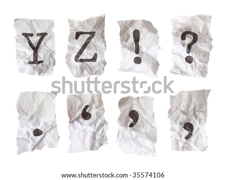 Typewritten alphabets on crumpled paper. Each alphabet taken individually on a 21 megapixel camera for maximum resolution.