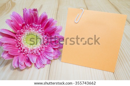 Colorful sticky note and pink flower on wood background