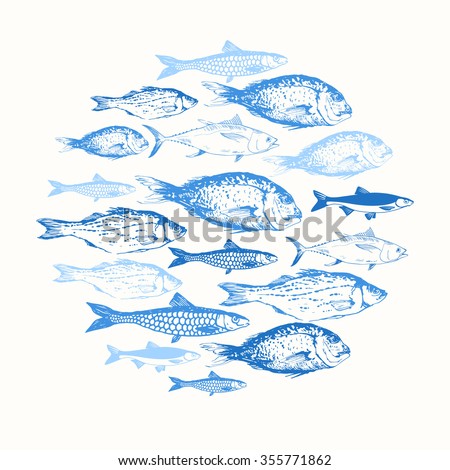 Vector illustration with sketches of fish. Round composition. Hand drawn seafood. Blue design.