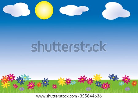 Spring with blue sky with clouds and sun. For this purpose, a meadow with spring flowers of different colors.
