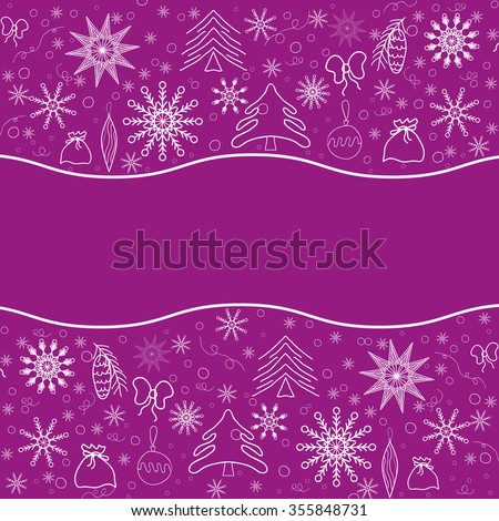 Winter background of delicate snowflakes and Christmas objects on a purple background. For postcards, greeting cards, labels.