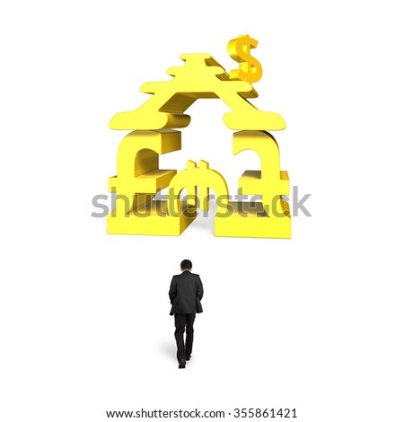 Man walking toward golden money symbols house shape building, isolated on white background.