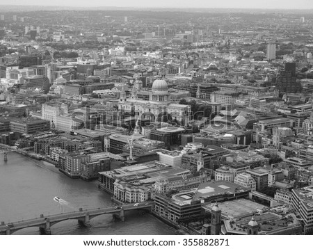 Aerial view of the city of London, UK in black and white
