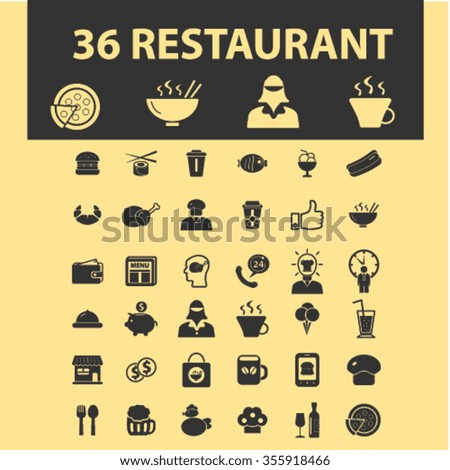 Restaurant concept icons: hotel services, menu, dining, pizza, bill, beer, cafe, fast food, cafeteria, beverage, hot dog, bbq, cooking, pub. Vector illustration
