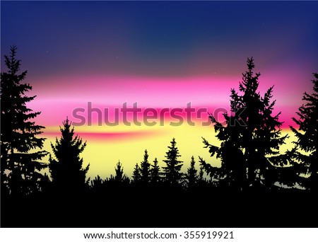 Vector landscape. Silhouette of coniferous trees on the background of colorful sky. Northern lights. Eps 10.