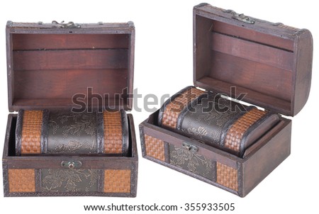 Old wooden chest with open lit and wooden chest with closed lit inside. isolated on white background by clipping path