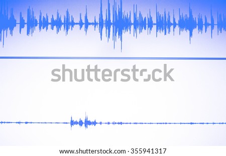 Audio studio digital voice recording voiceover sound wave on computer screen.