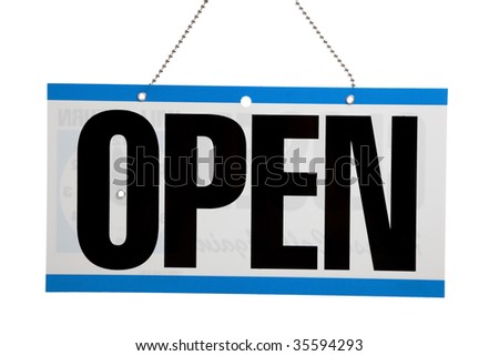 An "Open" sign on a door on a white background
