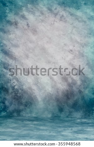 Painted canvas or muslin fabric cloth studio backdrop or background, suitable for use with portraits, products and concepts. Beautiful broad strokes in pale aquas and blues. Royalty-Free Stock Photo #355948568