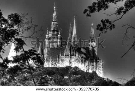 Famous Saint Vitus' Cathedral in Prague, Prague's castle at night in black and white