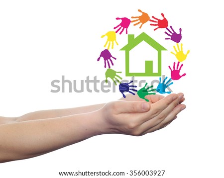 Concept or conceptual green house or building sign or symbol with child or human handprints circle isolated on white background, metaphor to environment, home, eco, ecology, peace, energy home