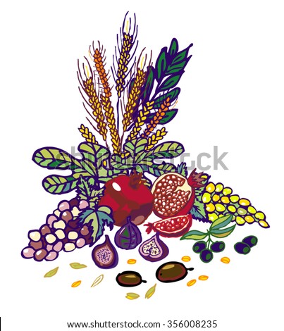 Tu bishvat jewish religion holiday. Various fruits to the traditional Jewish holidays - New Year of tree. Pomegranates, figs, dates, cereals, wheat, barley, grapes, olives, seeds Royalty-Free Stock Photo #356008235