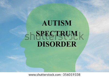 Render illustration of Autism Spectrum Disorder title on head silhouette, with cloudy sky as a background